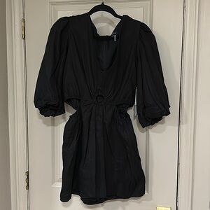 Black Linen Romper w/ Cutouts, Long Puff Sleeve, Shorts